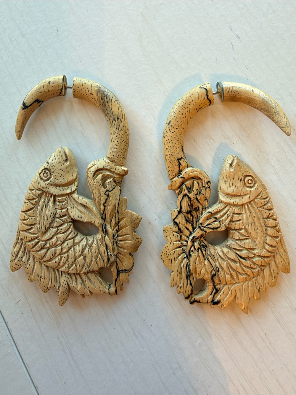 Vintage Hand-Carved Fish Design Hook Earrings Natural Tan